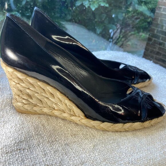 Stuart Weitzman Black patent leather Peep Toe Wedge Espadrilles, Size 8.5 - Picture 9 of 9